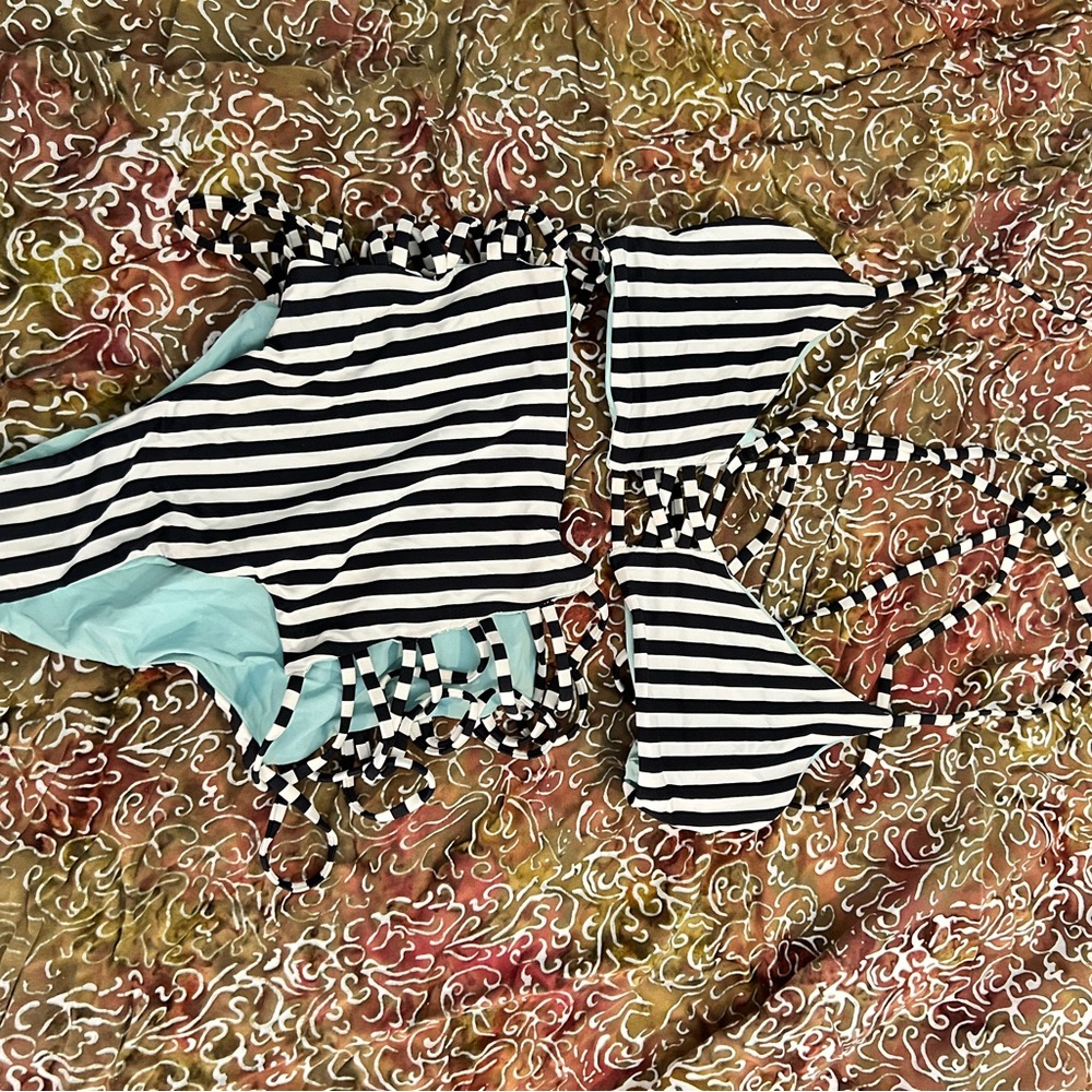 Striped Black & White Womens Two-Piece Swimsuit with Aqua Lining